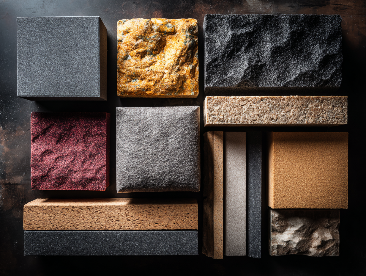 Flat lay of professional soundproofing materials — acoustic panels, bass traps, insulated doors